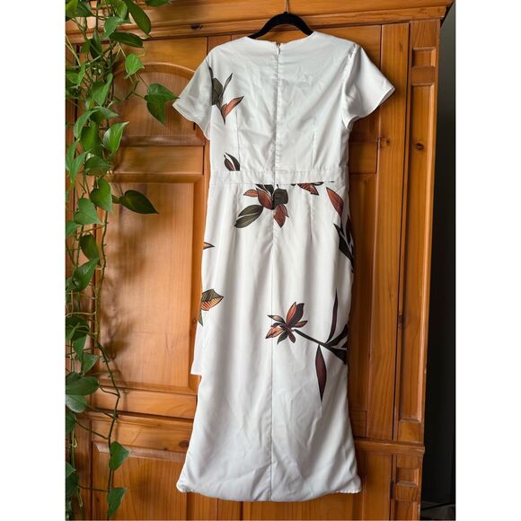 FEHAUTE White Leaf Short Sleeve Satin Wrap Sheath Midi Dress SZ 6 - Picture 7 of 11